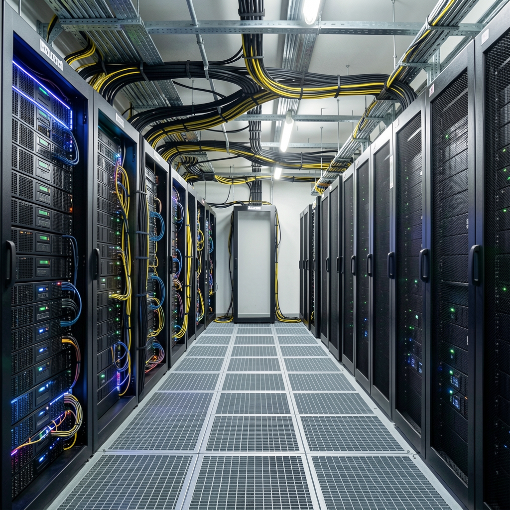 Modern enterprise server room with organized cable management, illuminated rack equipment and raised floor infrastructure
