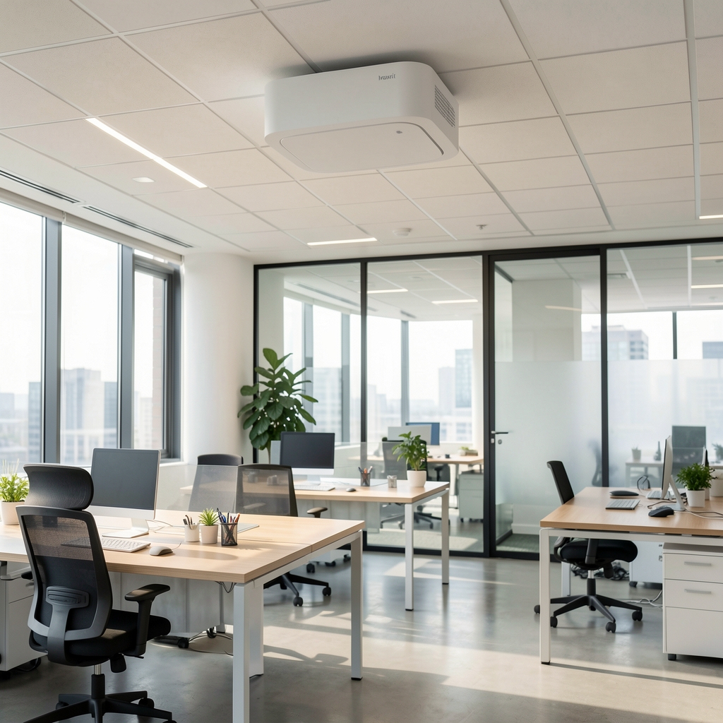 Punct de acces Wi-Fi Cisco Meraki MR56 alb montat pe tavan in birou modern