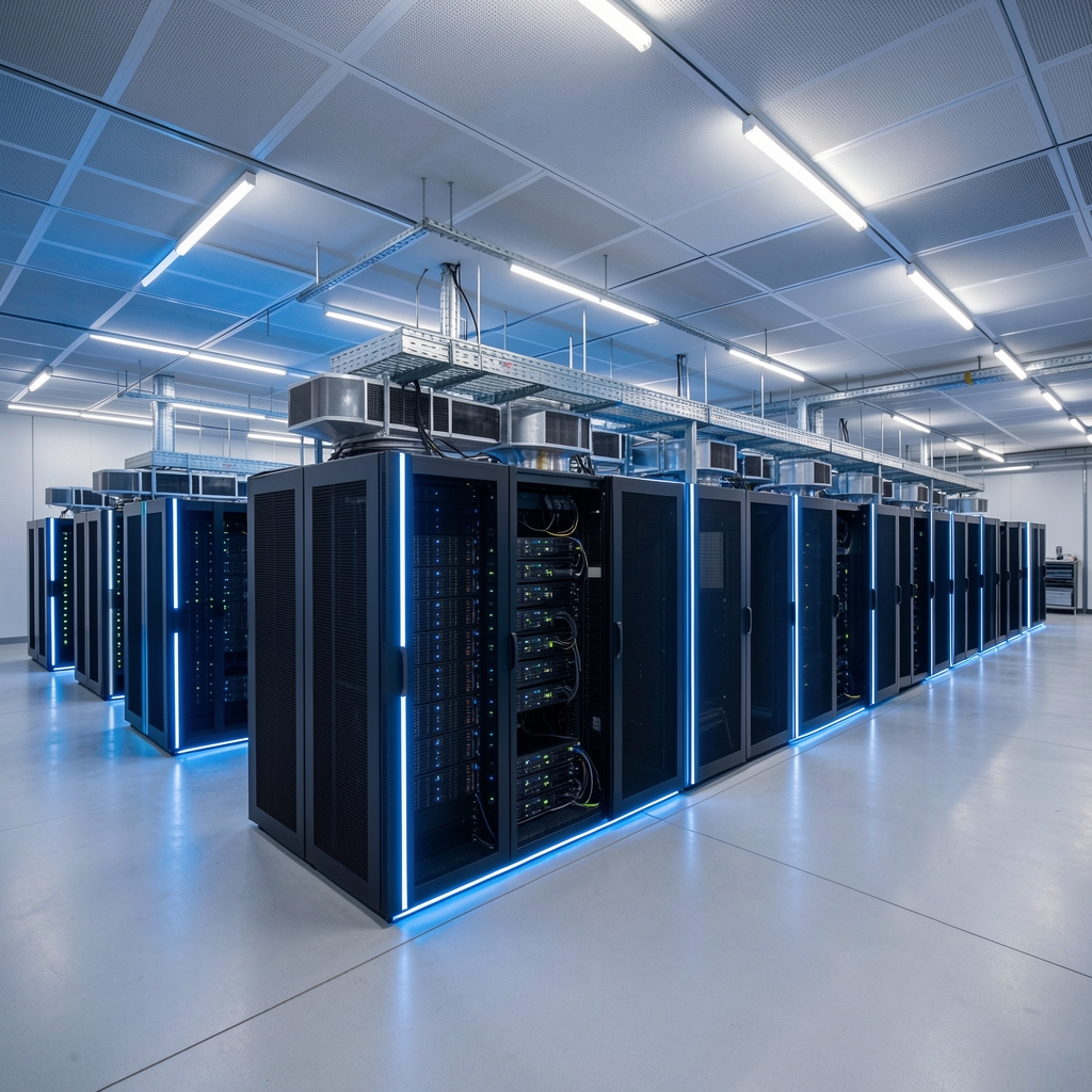 Large modern data center with blue LED lighting showing multiple server rack rows and precision cooling units in operation