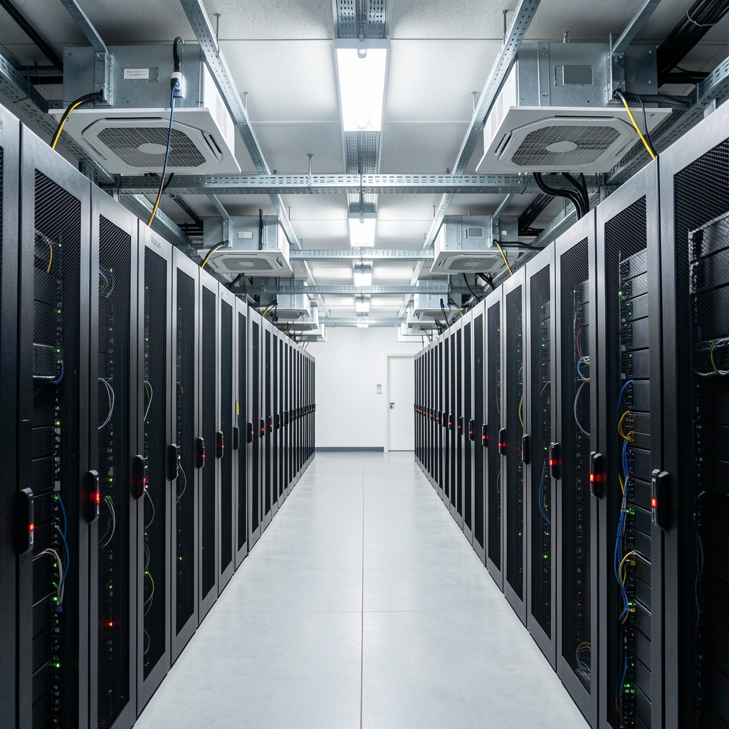 Server room hot aisle containment system with overhead cooling units and temperature monitoring sensors installed between multiple server racks