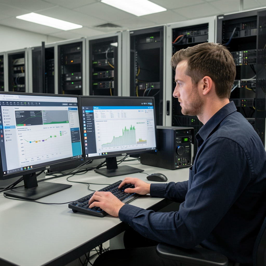 IT engineer working at a server room console with multiple monitors showing network monitoring dashboards
