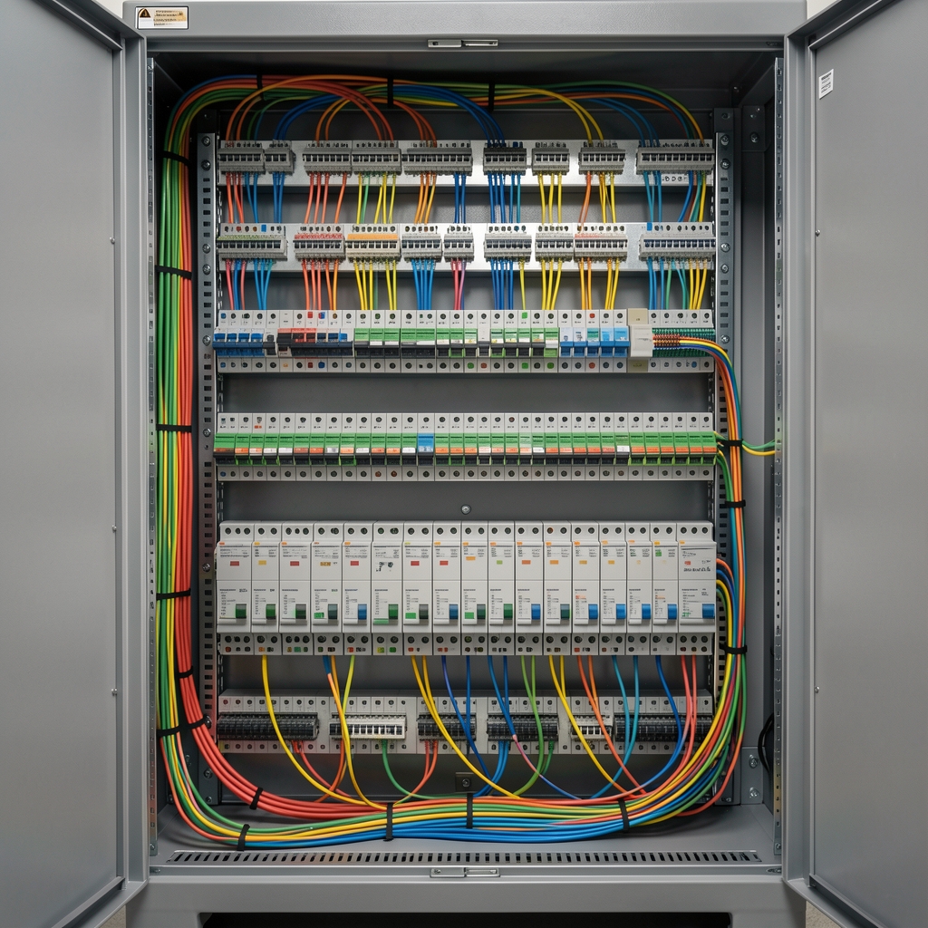 Structured cabling system inside an open 42U rack with neatly organized colored patch cables and patch panels