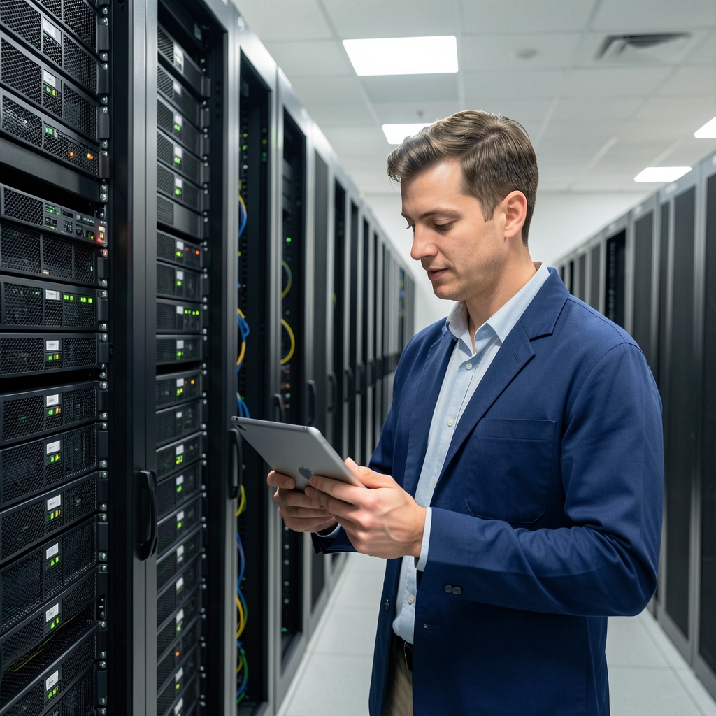 IT engineer examining server rack specifications with tablet in hand inside a professional data center environment