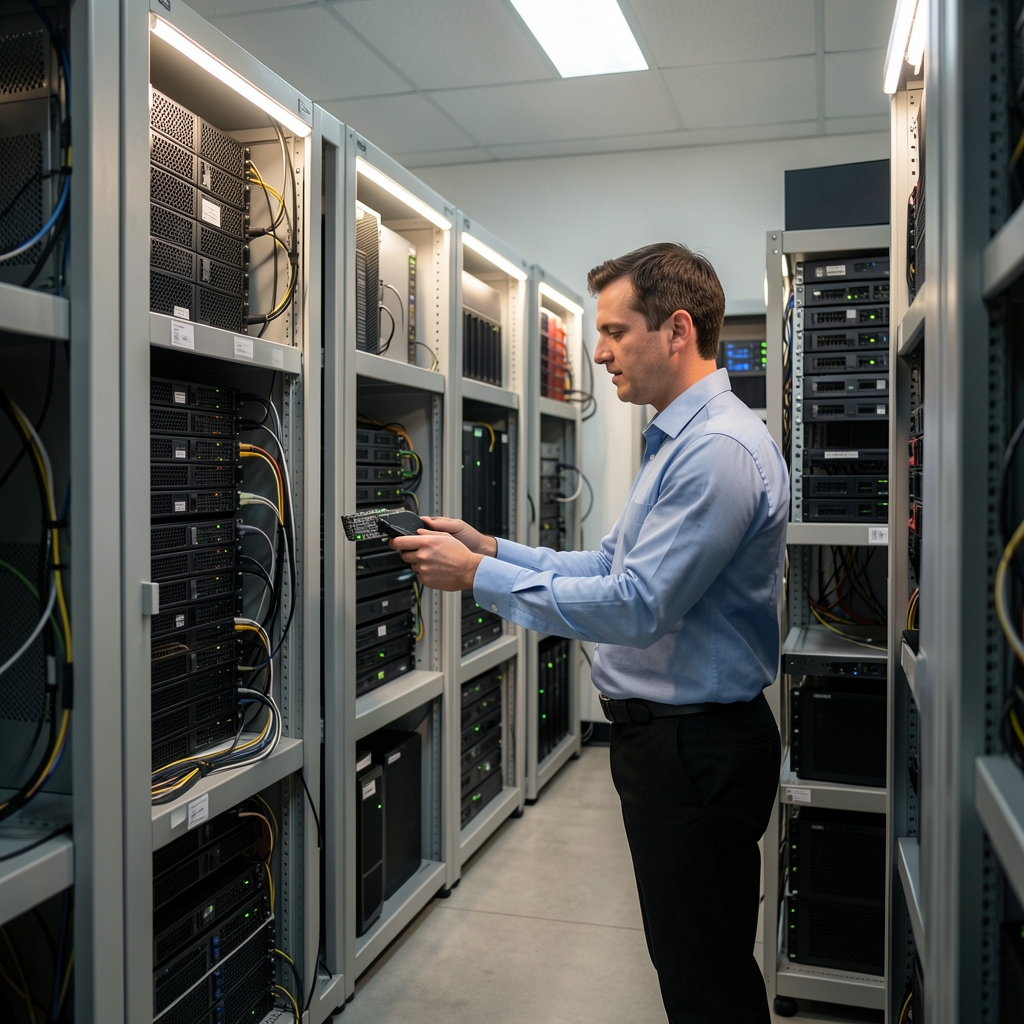 Administrator IT analizand specificatiile unui server rack intr-o camera server cu rafturi iluminate
