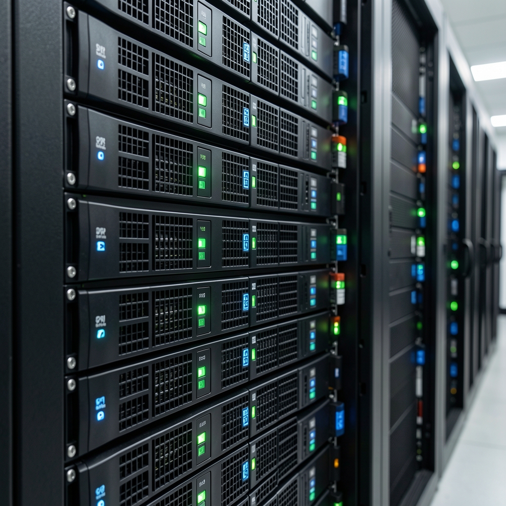 Close-up of rack-mounted servers with blinking LED status indicators in a professional data center environment