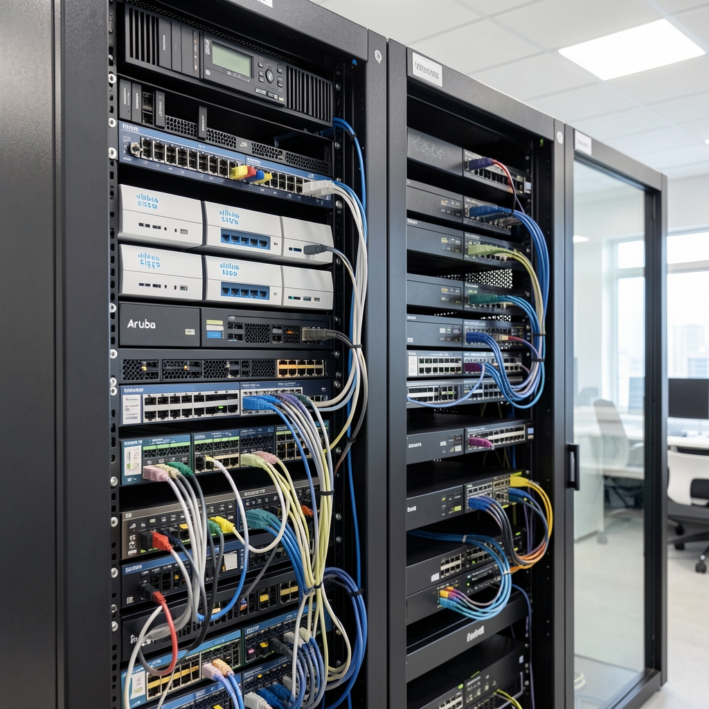 Comparatie vizuala de switch-uri Cisco si Aruba in rack de retea cu cabluri organizate