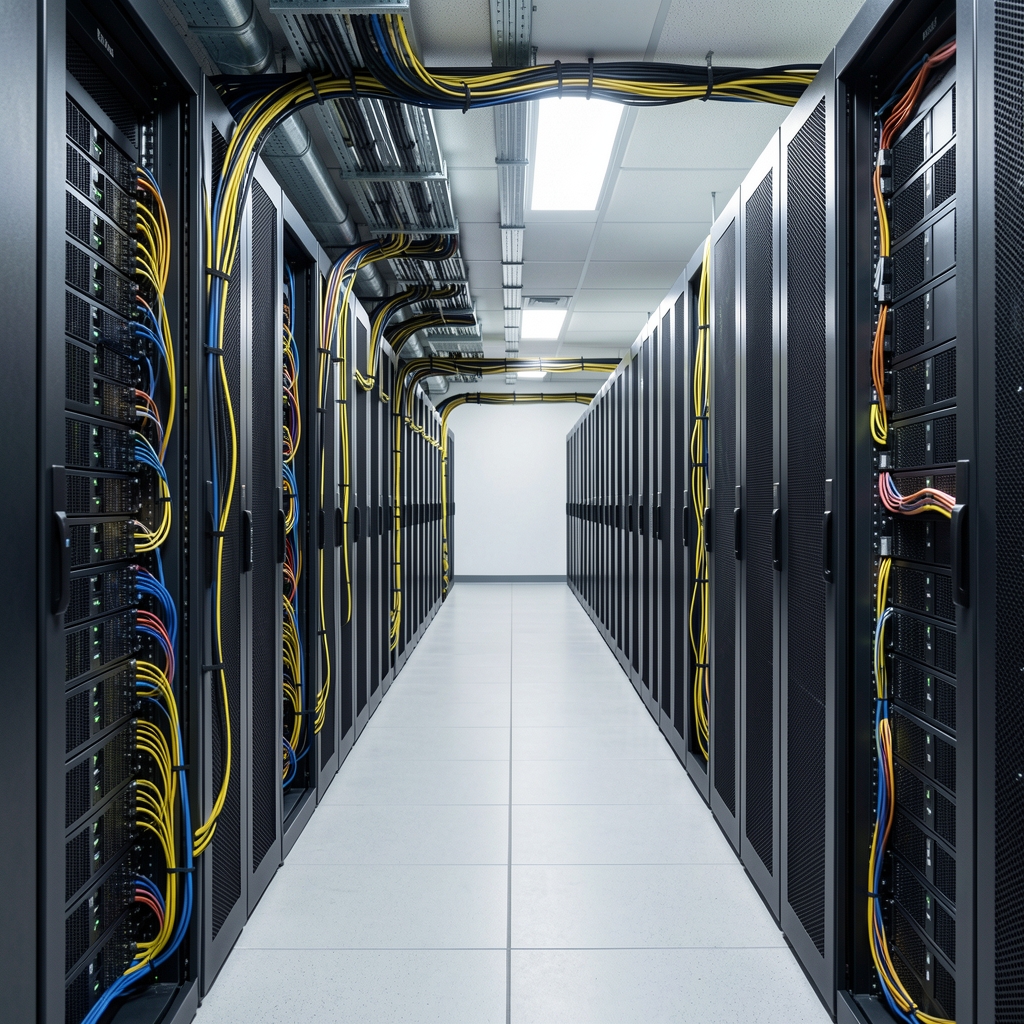 Server room design blueprint with hot and cold aisle layout, cable management planning and rack positioning for optimal airflow