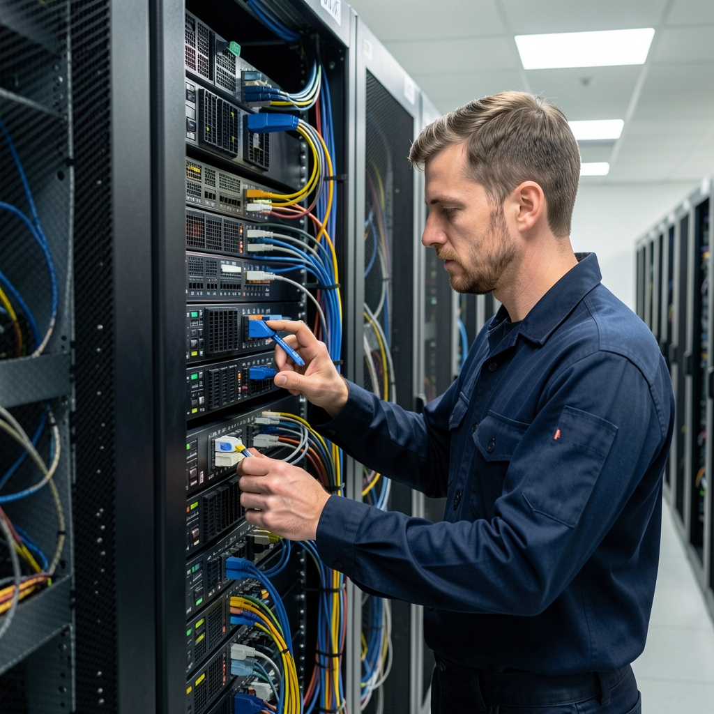 Network engineer configuring enterprise server rack with patch panel connections and structured cabling in data center