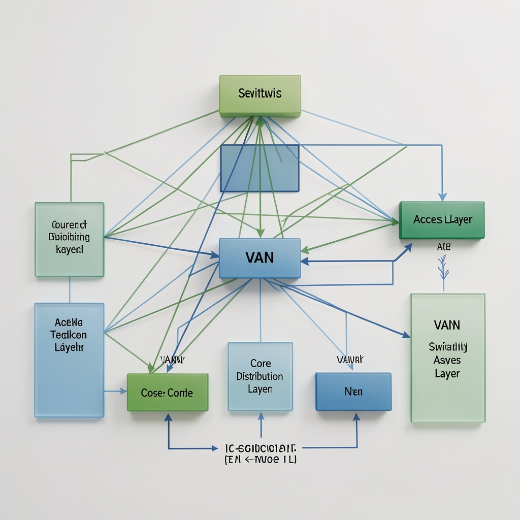 Network diagram showing enterprise switching topology with core distribution access layer and VLAN segmentation