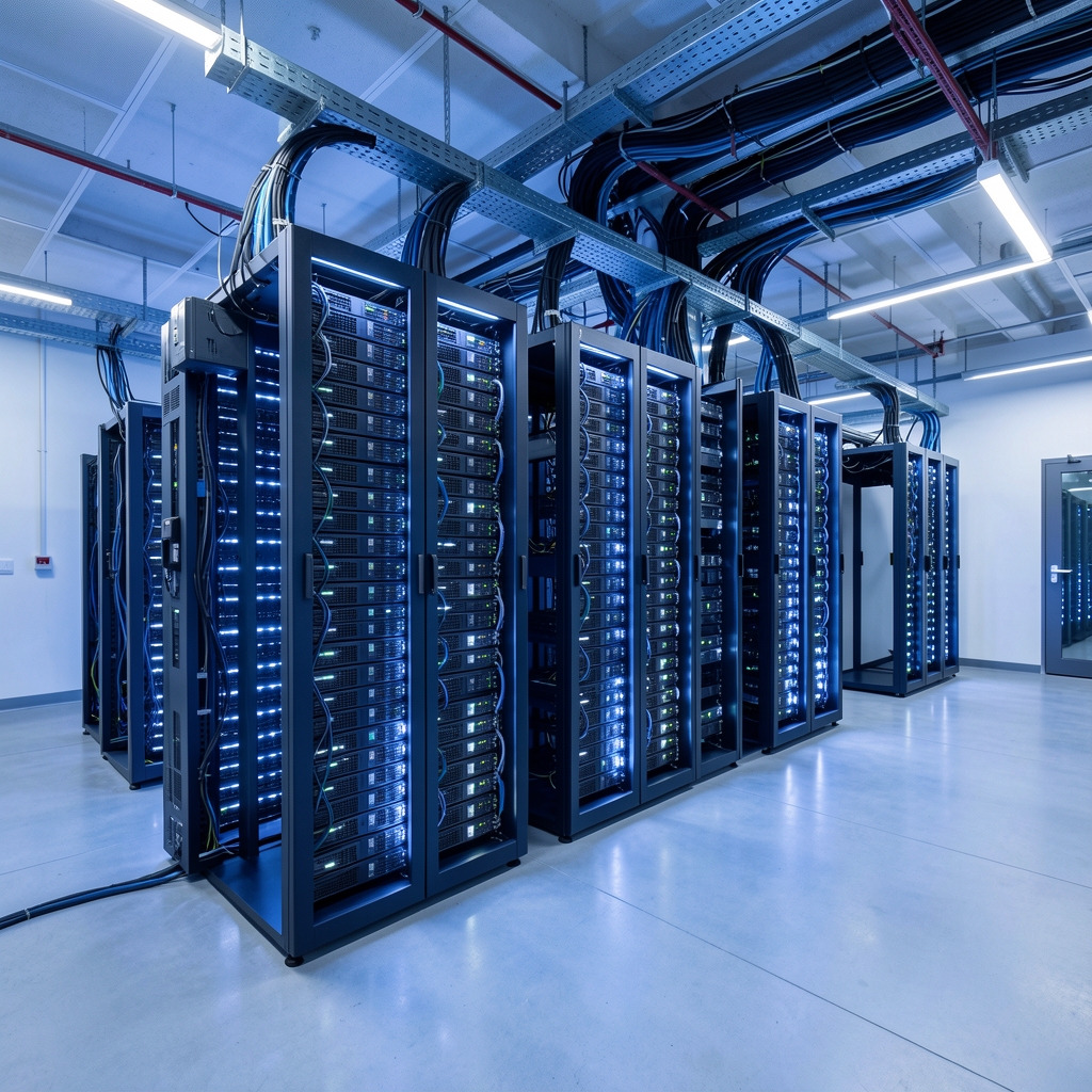 Modern enterprise data center interior with rows of illuminated server racks and cable management systems in blue lighting