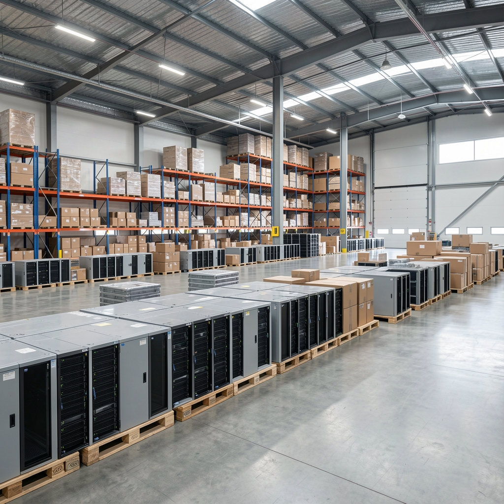 Logistics warehouse with rows of IT equipment pallets being prepared for dispatch in a modern distribution center
