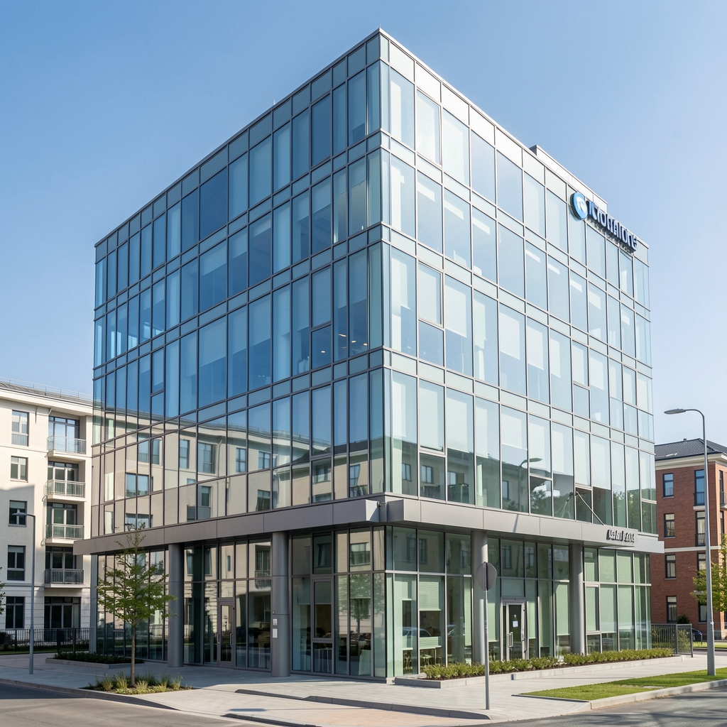 Modern office building in Craiova Romania with glass facade and corporate signage on a sunny day