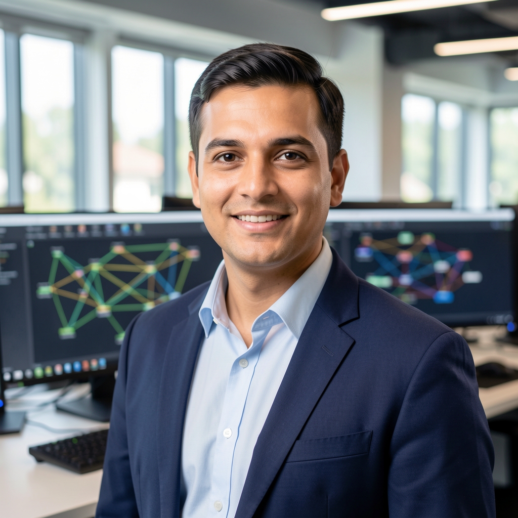 Archcluster IT professionals team in a modern office with multiple monitors showing network topology diagrams