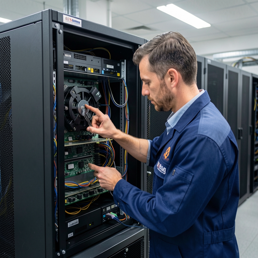 Technician inspecting server hardware components inside an open rack server chassis in a server room