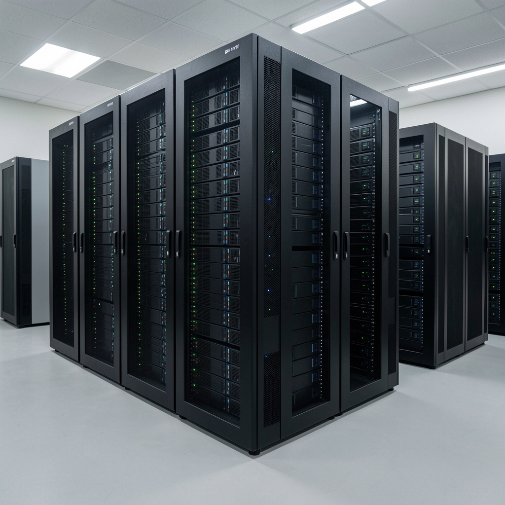 Professional server rack room with multiple 2U rack-mount servers installed in tall black server cabinets with LED indicators